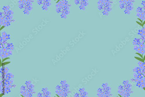 A floral frame featuring forget-me-not flowers in blue purple around a light blue background. The flowers are depicted in a simple,flat,for invitations,greeting cards,poster template,botanical banner