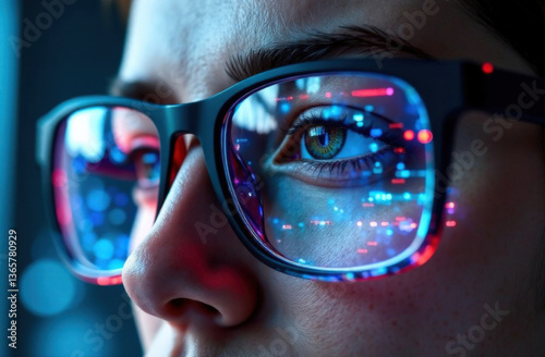 Glasses with anti-glare lenses, reflection of the digital vision diagnostic interface in the lenses, futuristic style