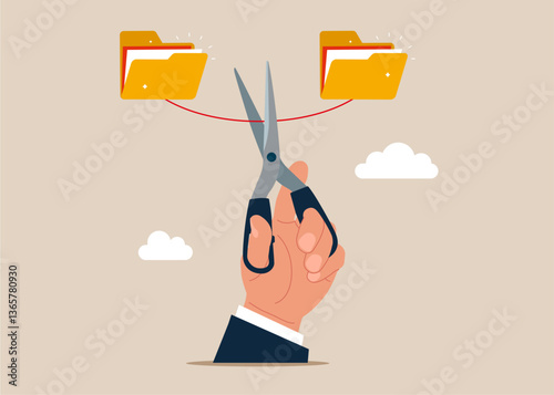 Hand holding scissors cut the connected wire between folders. No arrange online data or paperwork, no file management, no coding to exchange information for website. Vector illustration