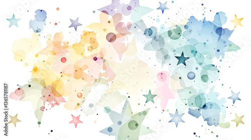Smiling stars in various colors depicted in soft watercolor illustration set. Objects in vibrant pastel tones isolated on transparent background	