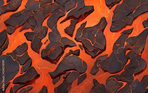 Molten lava flows between dark cooled chunks of volcanic rock