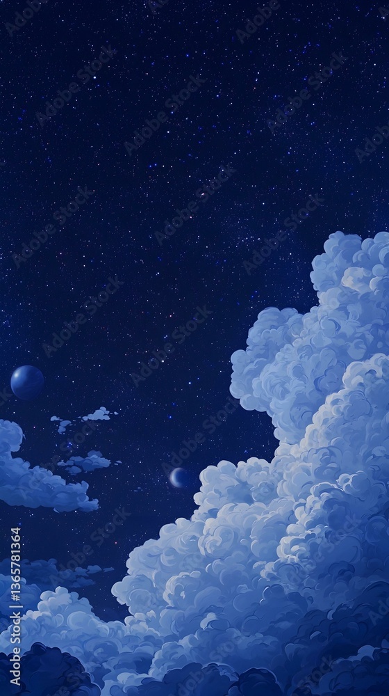 Fototapeta premium Dreamy nightscape with fluffy clouds, stars, and planets. Perfect for backgrounds, phone wallpapers, and artistic projects.