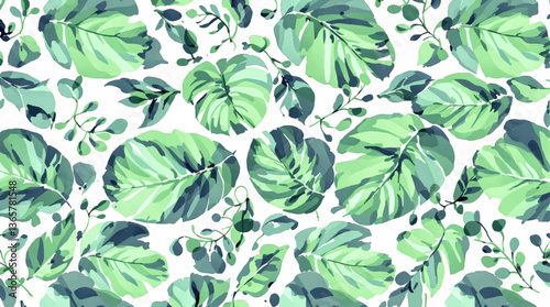 Watercolor pattern green leaves white background