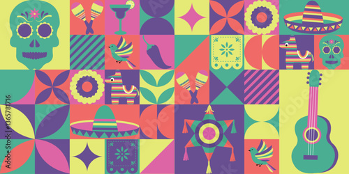 Cinco de mayo flyers, banners. Cinco de mayo items in simple geometric shapes, geometry minimalistic style for card, invitation, poster, flyer, web design