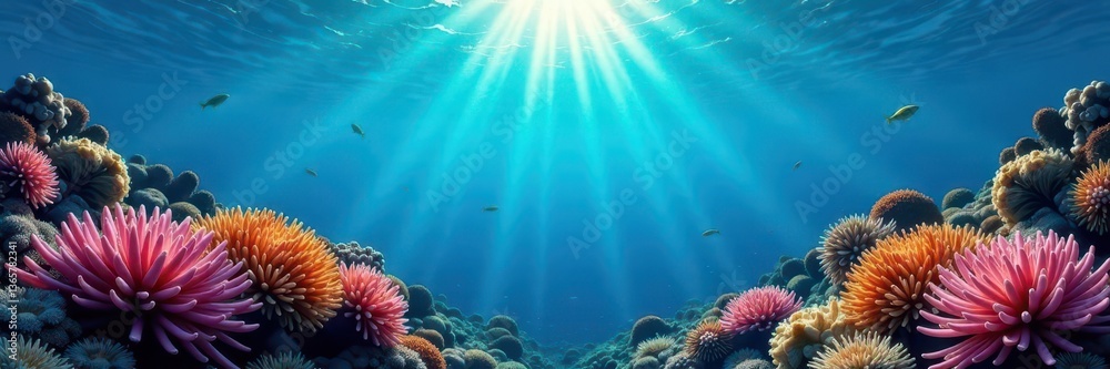Fototapeta premium Deep blue ocean, vibrant coral reef, sunlit depths, royalty free, digital art, reef