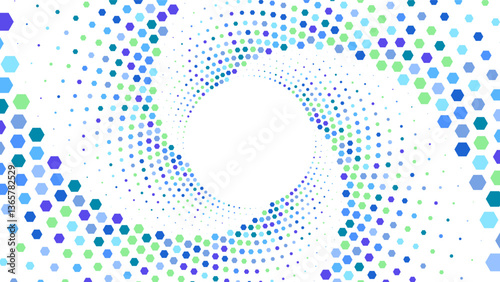  Blue and green hexagons forming a swirling spiral pattern on a white background.Abstract background.
