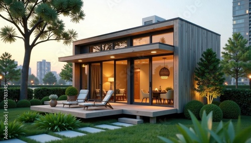 Luxury tiny house architectural model in urban setting, design, cityscape