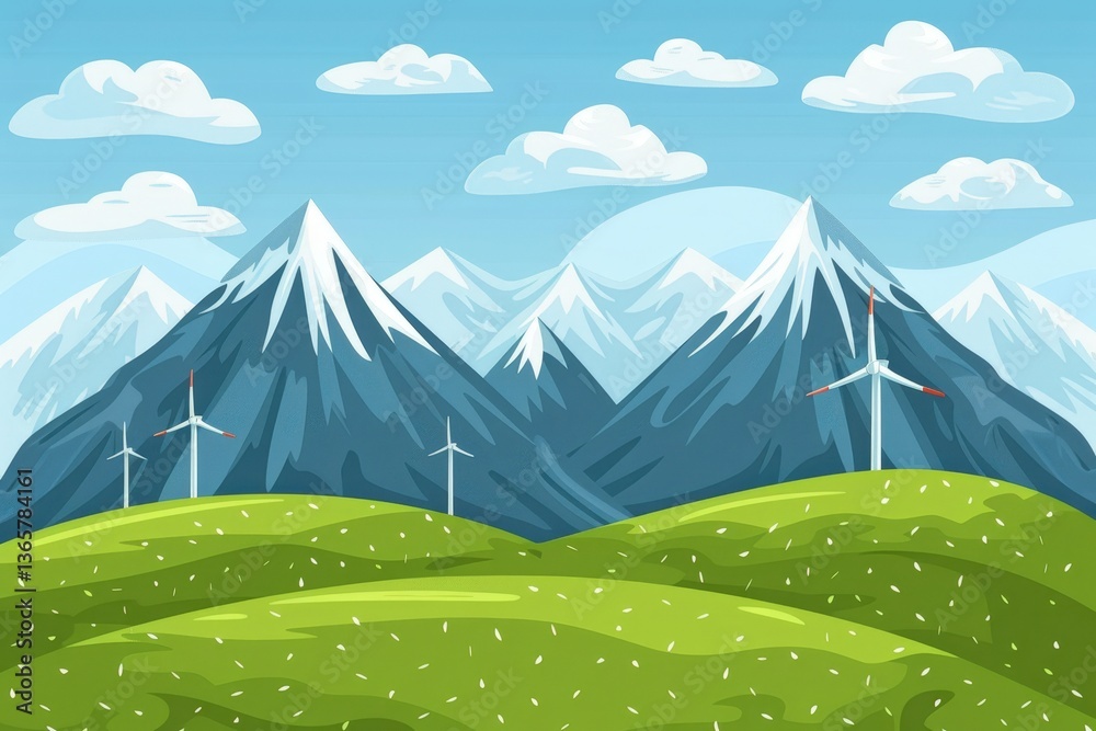 Fototapeta premium A vibrant landscape featuring green hills, majestic mountains, and wind turbines under a bright blue sky with fluffy clouds.