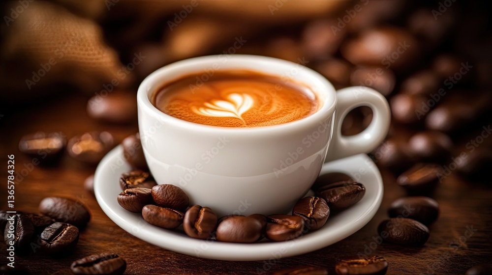 Fototapeta premium Aromatic Coffee Cup Surrounded by Roasted Beans