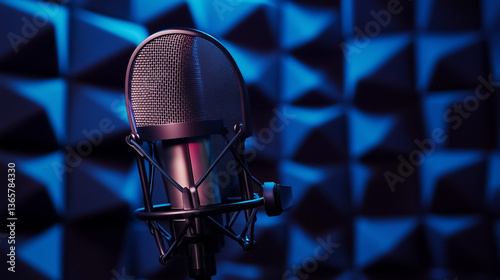 A professional studio microphone, complete with shock mount and pop filter, stands ready on a sturdy tripod—perfect for crystal-clear vocal recordings in an acoustically treated space.