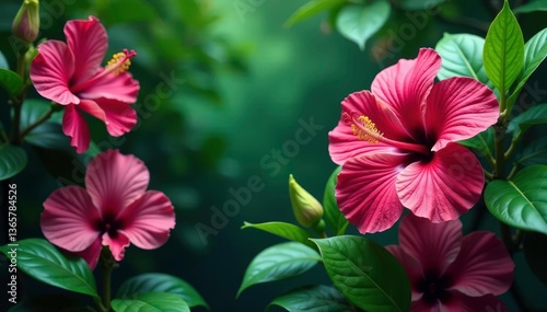Bold tropical hibiscus & orchids, vibrant jungle green, hibiscus, background