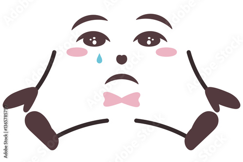Crying face with sad emotions. Character frowns, sits and cries, hands on sides, bow tie. Color vector illustration. Isolated white background. Offended grimace. Idea for web design.