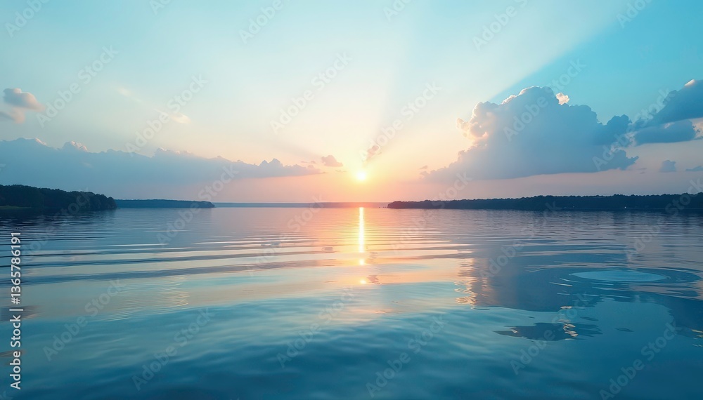 Fototapeta premium Calm lake surface, ripple patterns reflecting sky, shadow, wave