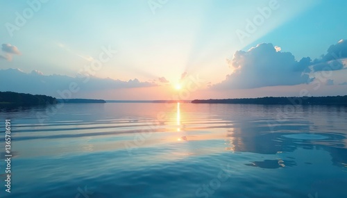 Calm lake surface, ripple patterns reflecting sky, shadow, wave