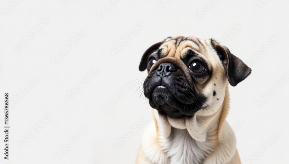 Obraz premium Charming pug, upright ears, intently gazing, pure white background, breed, animal, domestic