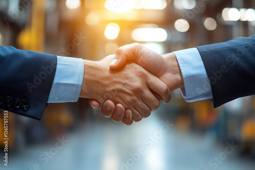 Two men shaking hands in a warehouse amidst stacked boxes.
