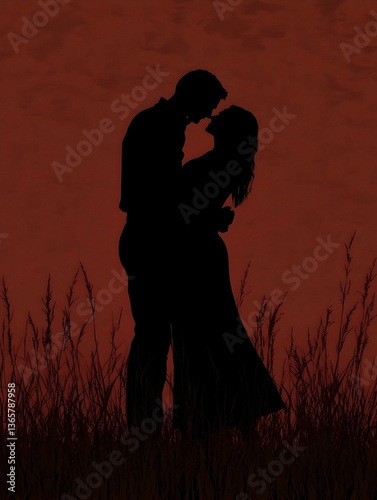 Silhouette of a couple embracing at sunset in a field of tall grass. Romantic, passionate, and evocative image perfect for Valentine's Day or anniversary projects.