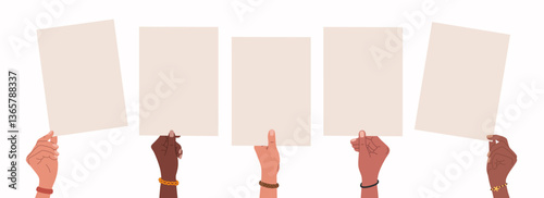 Different hands with blank sheet papers. Hand drawn vector vector illustration isolated on white background, flat cartoon style.