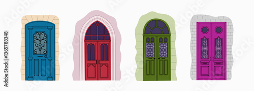 Set of antique entrance doors. Hand drawn vector illustration isolated on white background. Modern flat cartoon style.