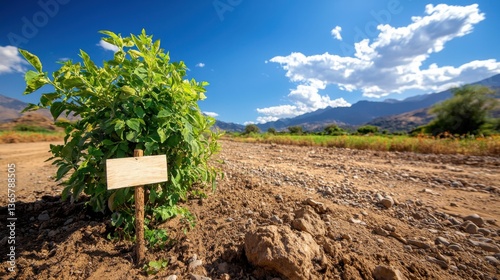 Blank Wooden Sign by a Green Plant on a Dirt Road with Mountain Background