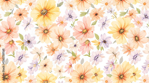 Seamless pattern of colorful peach rose flower with watercolor