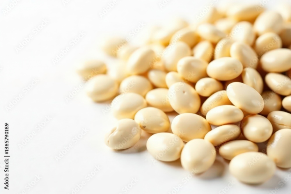 Close-up of a pile of white beans against a pure white backdrop, minimalist, navy beans, fava Close-up of a pile of white beans against a pure white backdrop, minimalist, navy beans, fava
