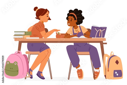 Two girls classmates sitting together at desk chatting in classroom flat vector illustration isolated on white. Diverse pupils at desk with school supplies and backpacks.