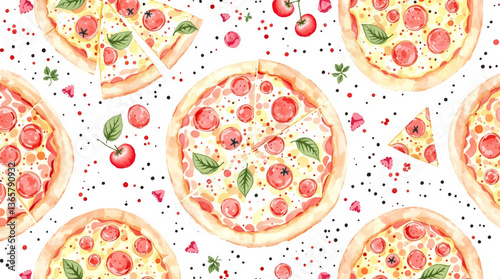  Watercolor patter pizza on white background	