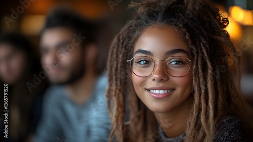 Smiling woman with dreadlocks and friends at cafe