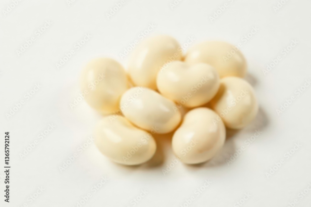 Close-up of several white beans against pure white background, macro photography, white bean, close up Close-up of several white beans against pure white background, macro photography, white bean, close up