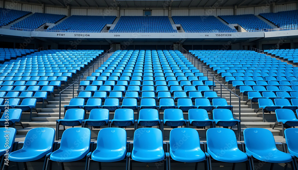 Fototapeta premium Blue tribunes. seats of tribune on sport stadium. empty outdoor arena. concept of fans.