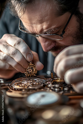 Close-up of a watchmaker repairing intricate watch mechanisms  -  