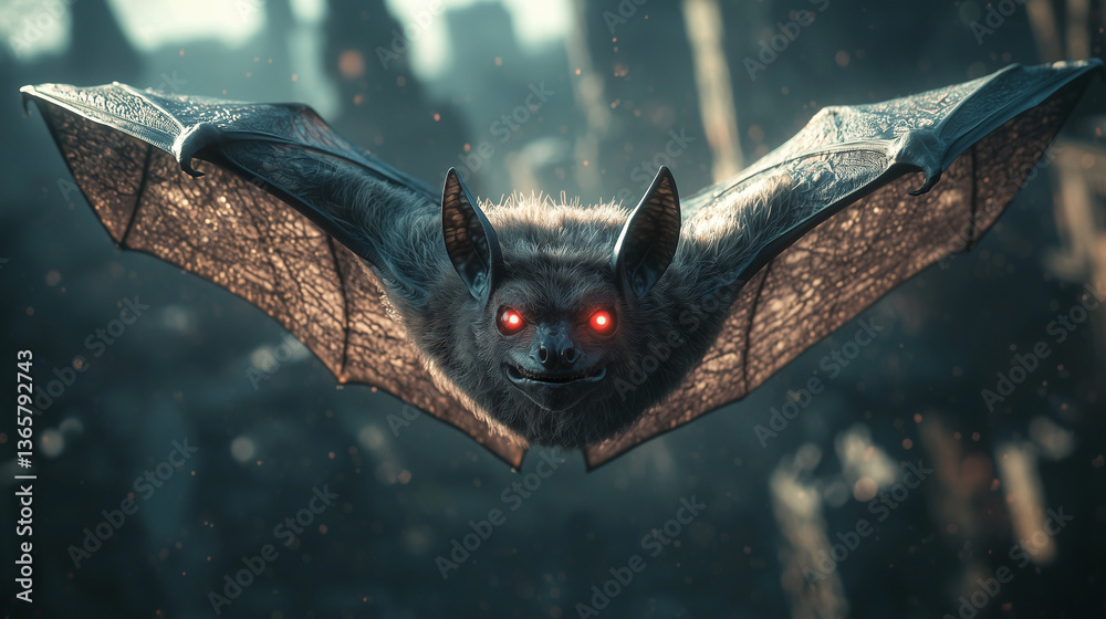 Obraz premium A gothic-style bat with large, intricate wings, soaring in a dark, eerie castle. The bat has glowing red eyes, and the castle's towering spires and shadows create a chilling, atmospheric backdrop