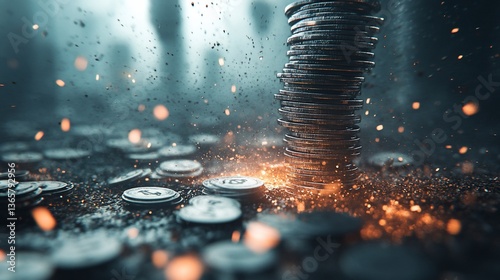Fiery Financial Collapse: Stack of Coins Crumbling