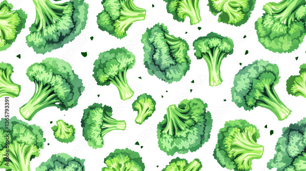 Vibrant watercolor broccoli and greens pattern for fresh produce designs