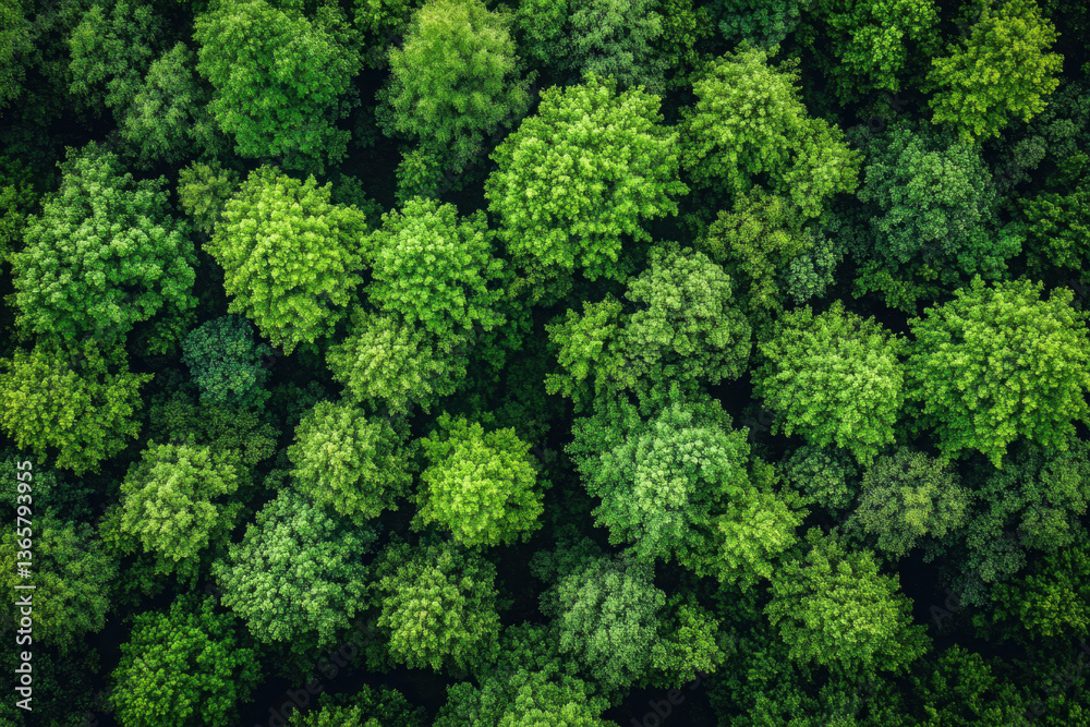 Fototapeta premium Green forest with dense foliage, sunlight filtering through, creating a dappled effect on the ground. Shadowy path winding through the tall trees.