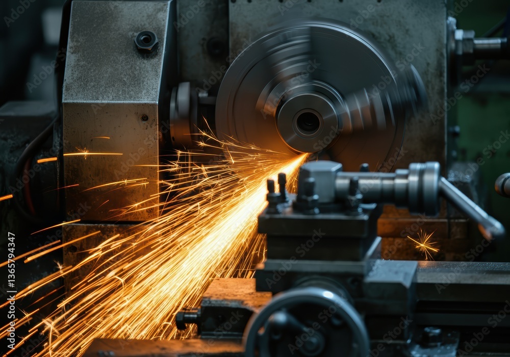 Fototapeta premium Sparks flying from a metalworking machine during precision machining
