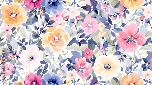 Seamless pattern with watercolor colorful flowers drawing illustration on white background