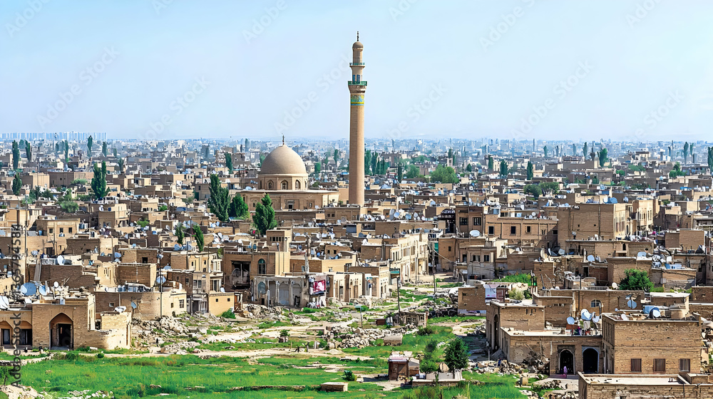 Naklejka premium Ancient Syrian Cityscape with Mosque and Minaret