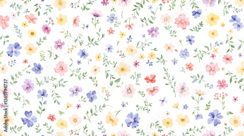 Seamless pattern with watercolor colorful flowers drawing illustration on white background, Colorful watercolor flowers seamless pattern on white background