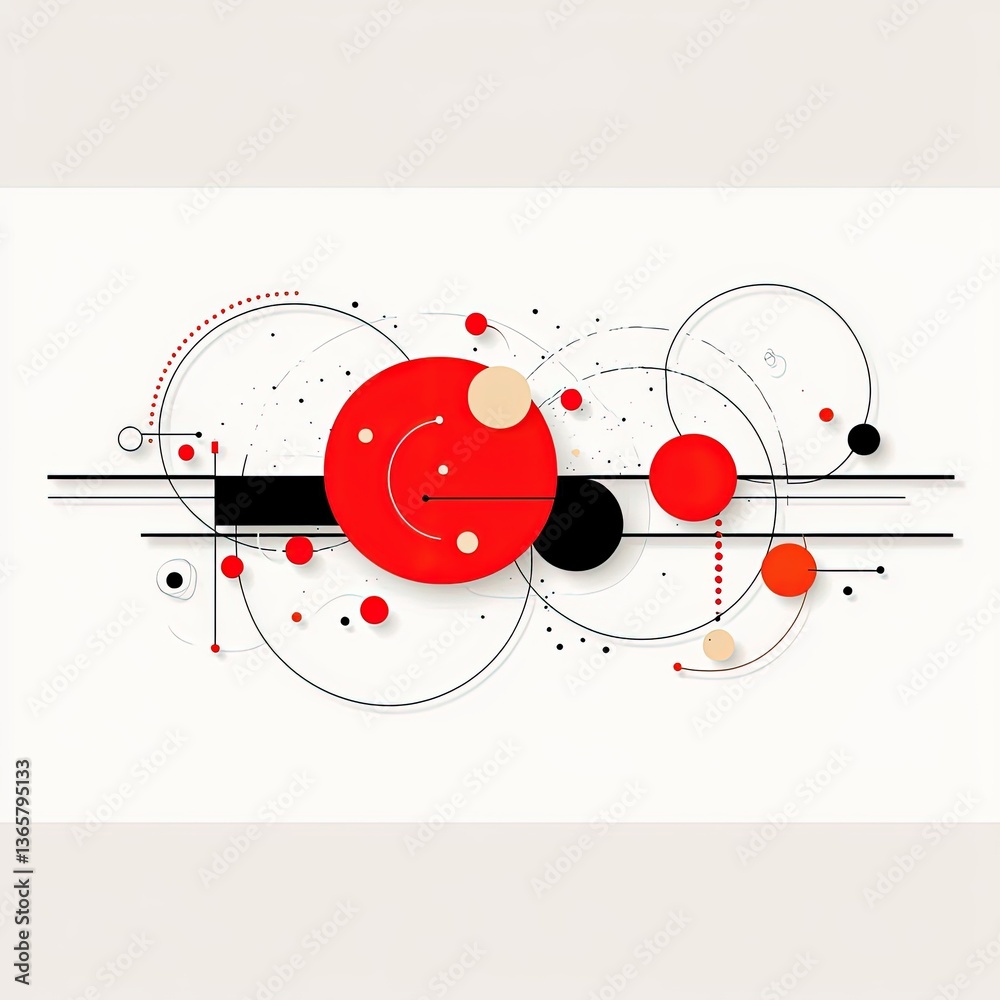 Obraz premium Abstract Illustration Featuring Dynamic Shapes in Red and Black with Lines and Dots on a Soft Background for Modern Design Projects