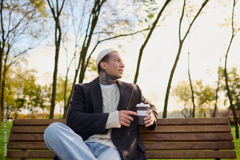 Fototapeta premium Stylish young man with tattoos enjoys a coffee in a serene park setting during golden hour