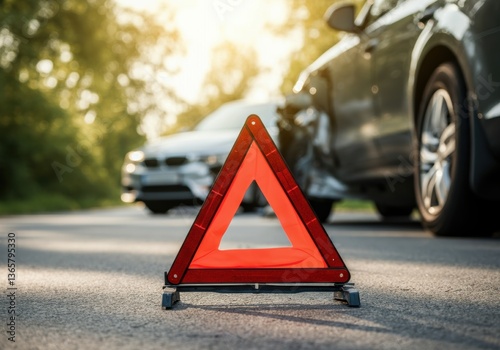 Red warning triangle on the road after a car accident, signaling caution