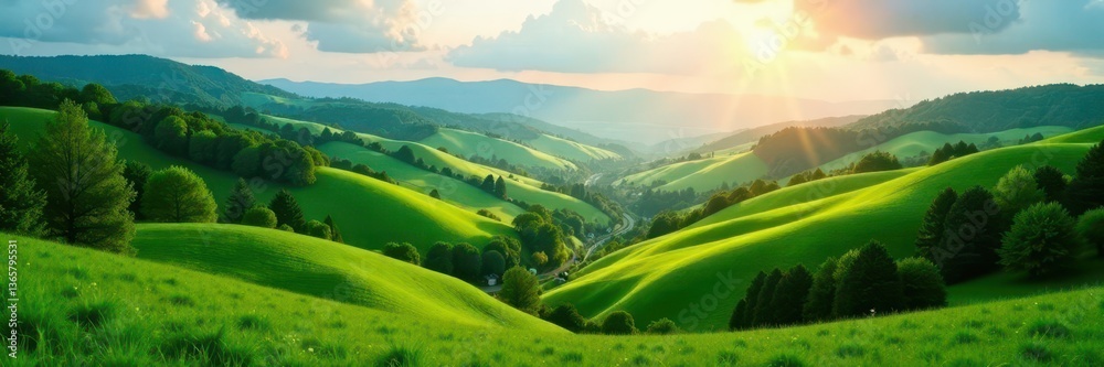 Fototapeta premium Sun-drenched rolling hills, lush green valleys, aerial perspective, sun, scenic, outdoor
