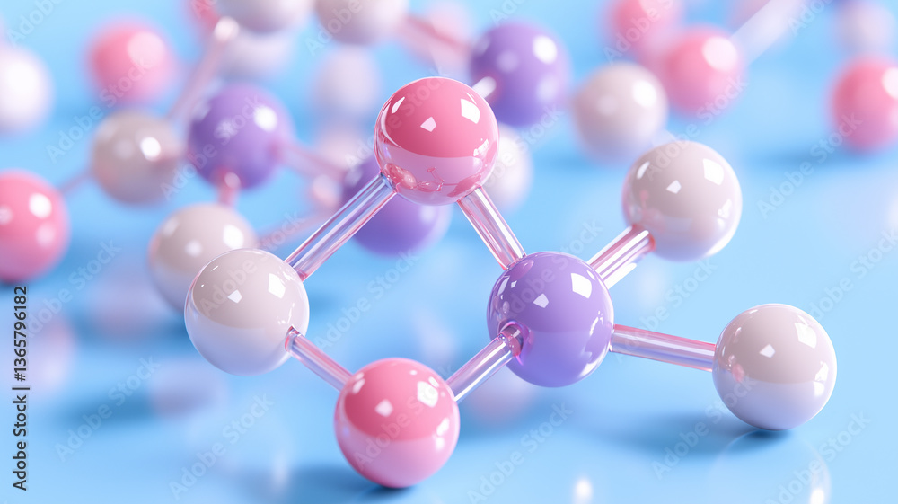 Obraz premium Molecule Model with Colored Spheres Representing Atoms Connected by Transparent Rods, Highlighting Structural Chemistry and Atomic Connectivity 