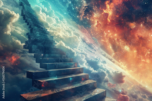 Staircase between heaven and hell in surreal sky representing good and evil choice spirituality, concept: heaven, hell, choice, religion, good