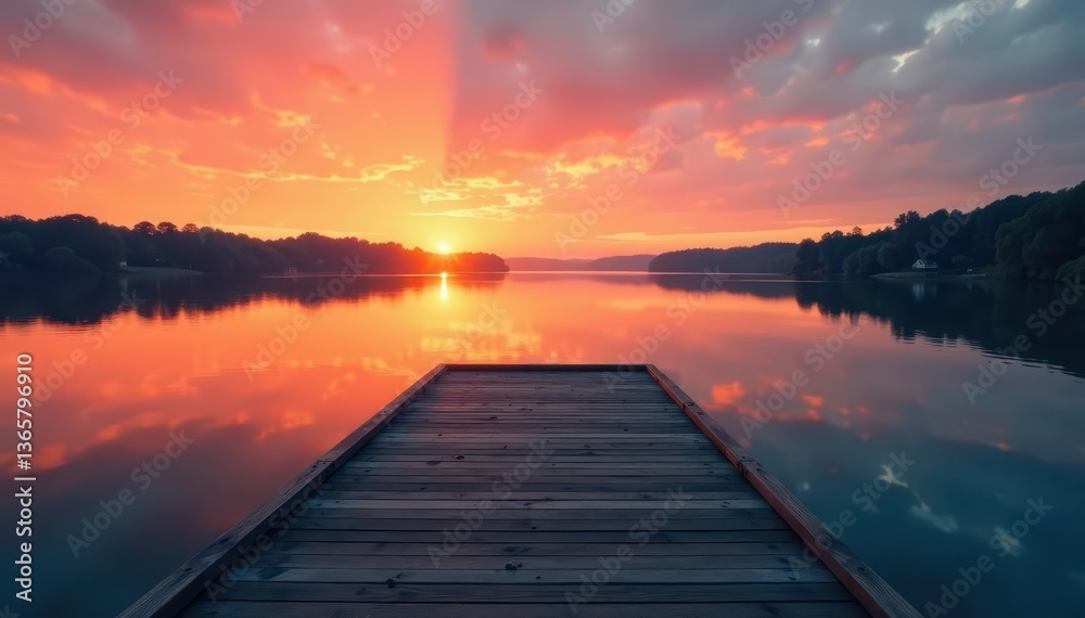 Naklejka premium Deserted wooden dock, calm river reflecting sunset hues, river, abandoned, tranquil