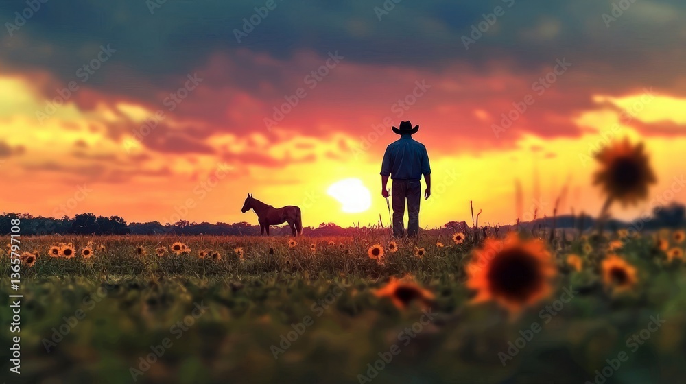 Fototapeta premium Farmer Horse Sunflower Field Sunset Rural Idyll