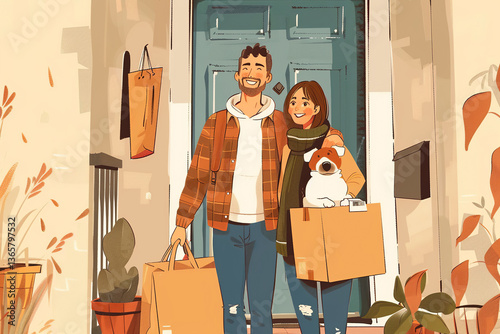 Illustration of a happy couple moving into a new home with their dog, concept: moving, new home, family, illustration