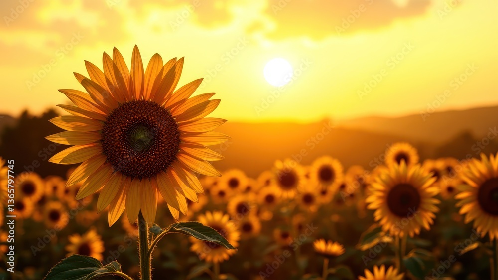 Fototapeta premium Stunning Sunflower Blooms Under Bright Sunset in a Vibrant Open Field